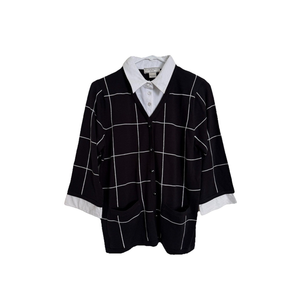 Allison Daley Cardigan Sweater Check Black White Layered Collared Small Petite‎